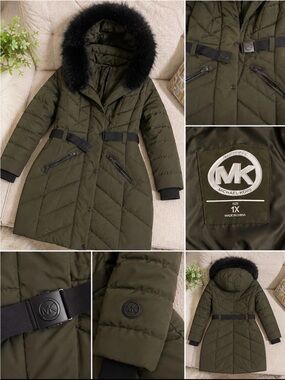 Michael Kors women ' Olive Green Quilted Hooded Winter Coat with Faux Fur Trim
